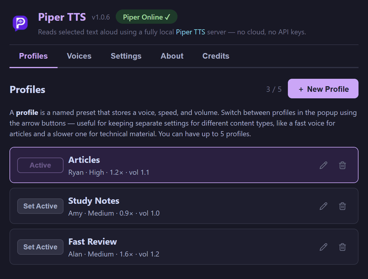 Piper TTS options — voice profiles tab