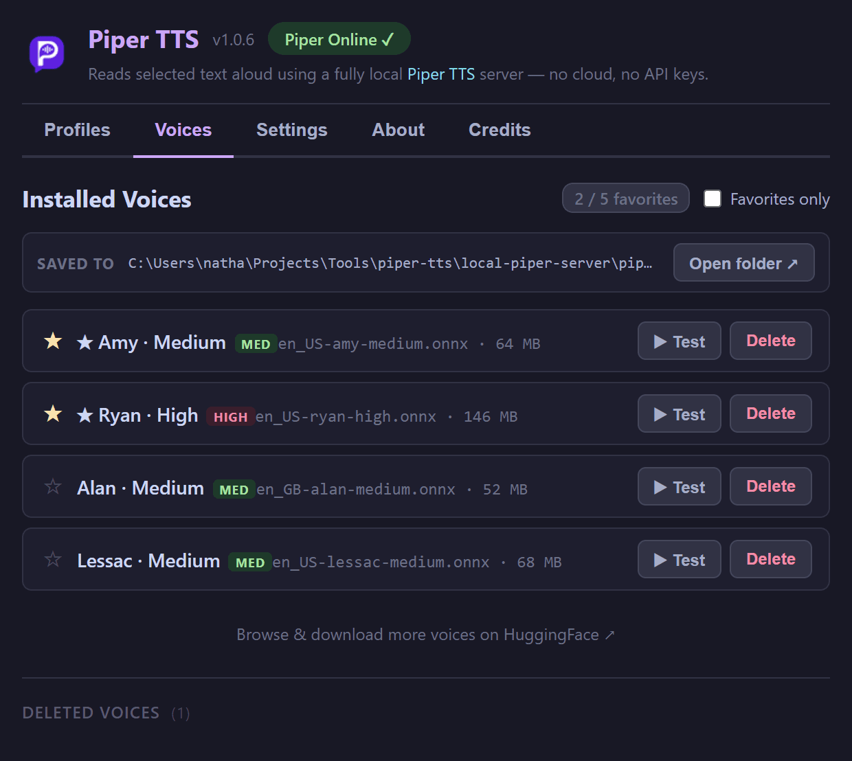 Piper TTS options — voices tab