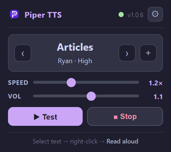 Piper TTS popup with profile, speed, volume, test, and stop controls