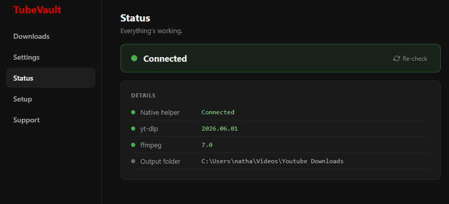 TubeVault options — helper status panel